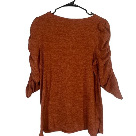 Max Studio Burnt Orange 3/4 Ruched Sleeve Boat Neck Knit Blouse Women Sz L - Picture 2 of 8